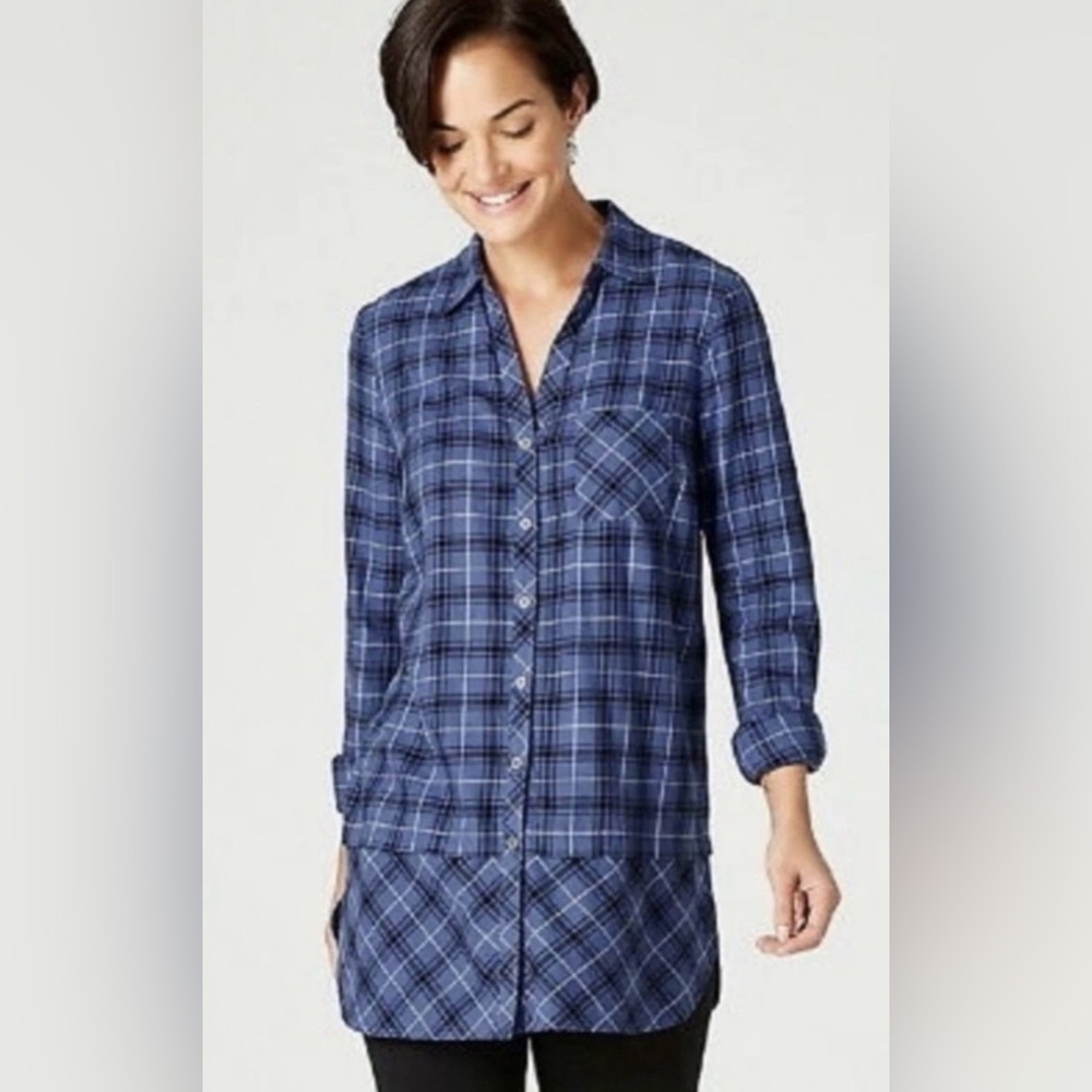 J. Jill Mixed Tartan Plaid Button Down Tunic Shirt 100% Cotton Blue Size XL